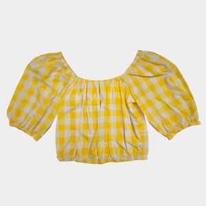 Color Me Courtney Kris Gingham Puff Sleeve Crop Top Yellow XS Cottagecore Picnic